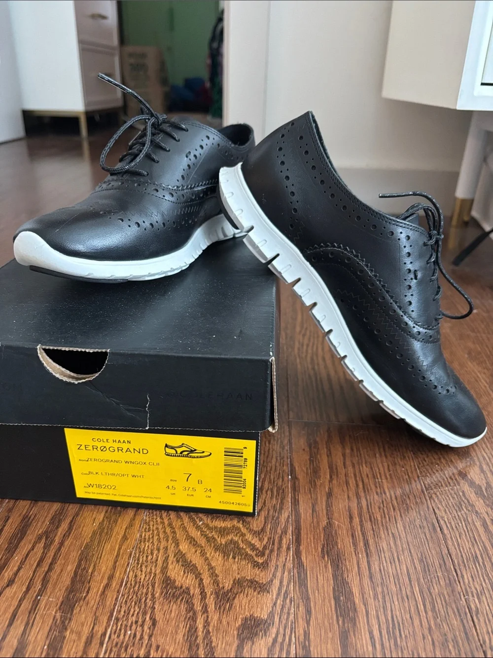 Cole Haan Zerogrand Black Leather Wingtip Derby with White Sole sneakers, 7